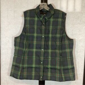 J Jill Plaid Vest Down XL Petite Puffer Snap Front Tartan Blue Green Zip Pockets